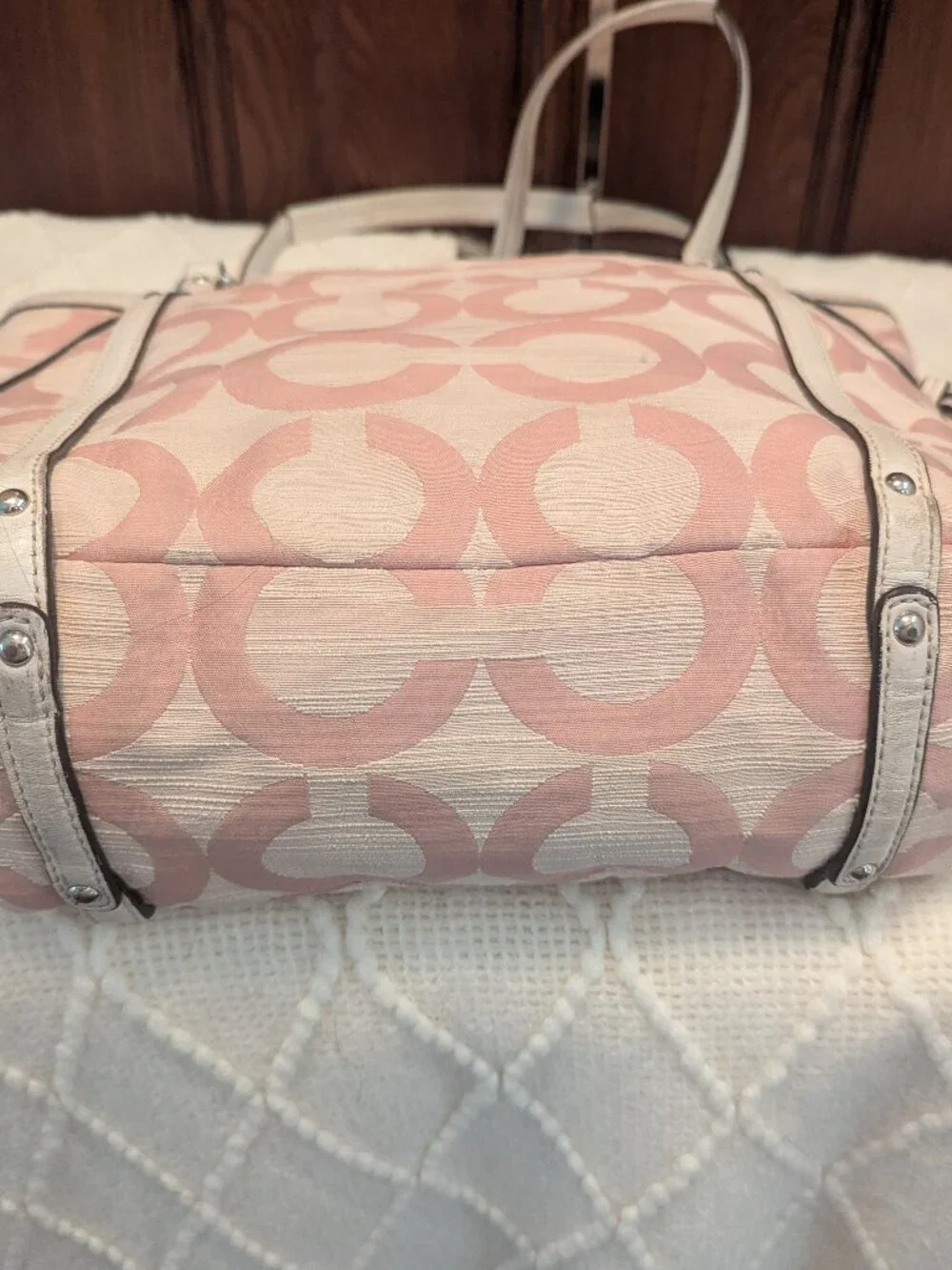 Coach Audrey Op Art Shantung Signature Pink & White Tote Crossbody 19572